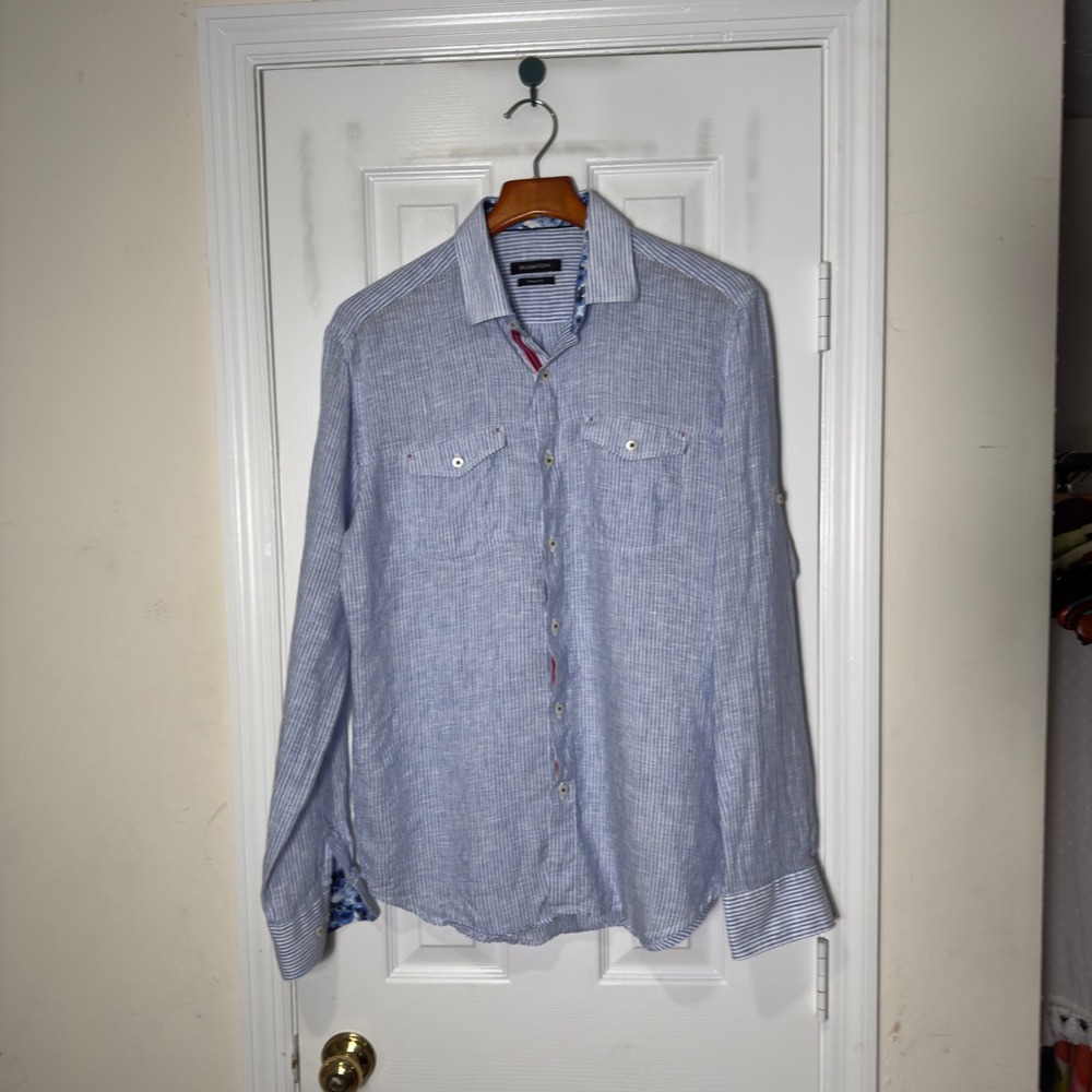 Bugatchi Shaped Fit 100% Linen Blue White Striped Shirt Men's Medium Floral Trim